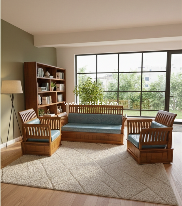 Modern Teak-Finish Sectional Set